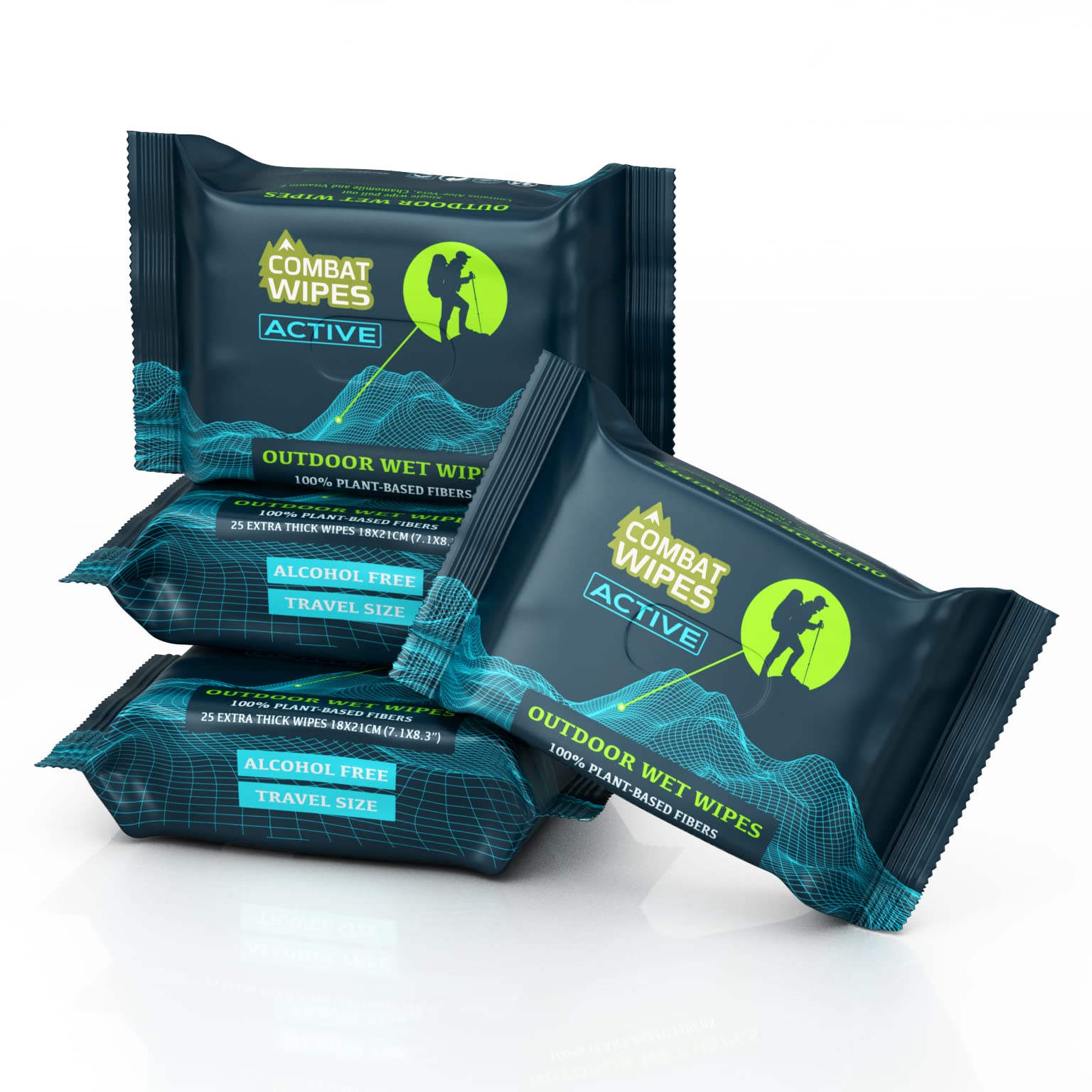 Combat Wipes ACTIVE Outdoor Wet Wipes - Extra Thick Camping Gear, Biodegradable, Body & Hand Cleansing/Refreshing Cloths for Backpacking & Gym w/Natural Aloe & Vitamin E (25 Wipes)